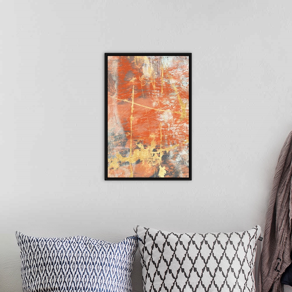 A bohemian room featuring Contemporary abstract painting in bold, rusty orange and gold with a weathered effect.