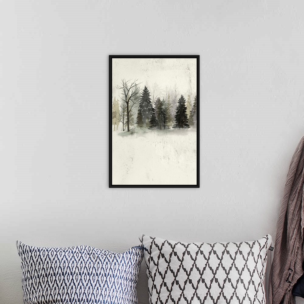 A bohemian room featuring Contemporary artwork of a dark forest at the edge of a clearing.