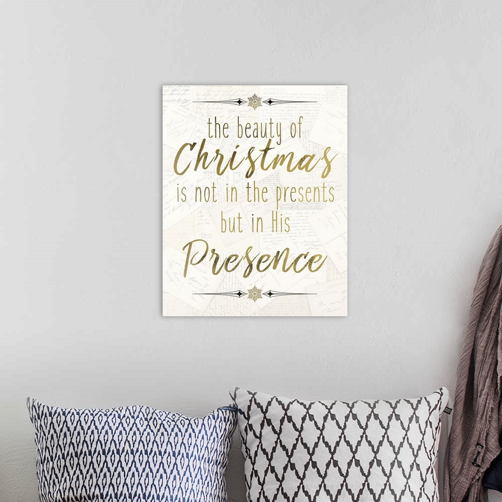 A bohemian room featuring Golden handlettered text celebrating Christ's birth at Christmastime.