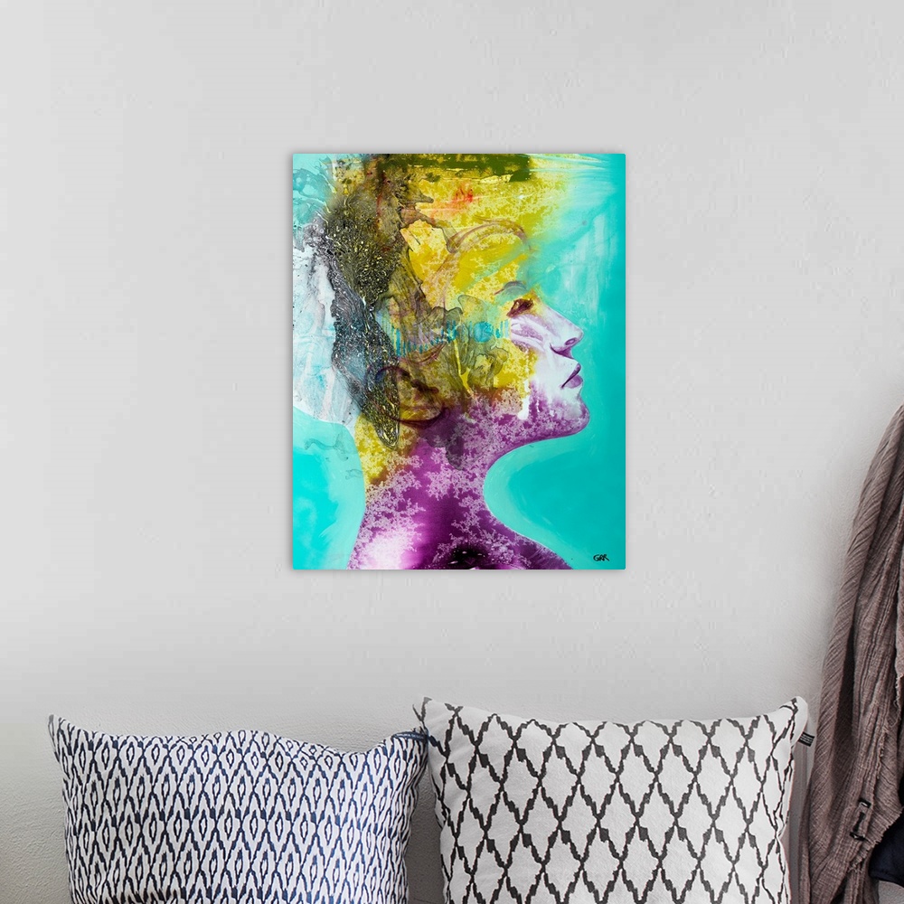 A bohemian room featuring Illustration of a woman's head with colourful abstract patterns emerging from the back of the head