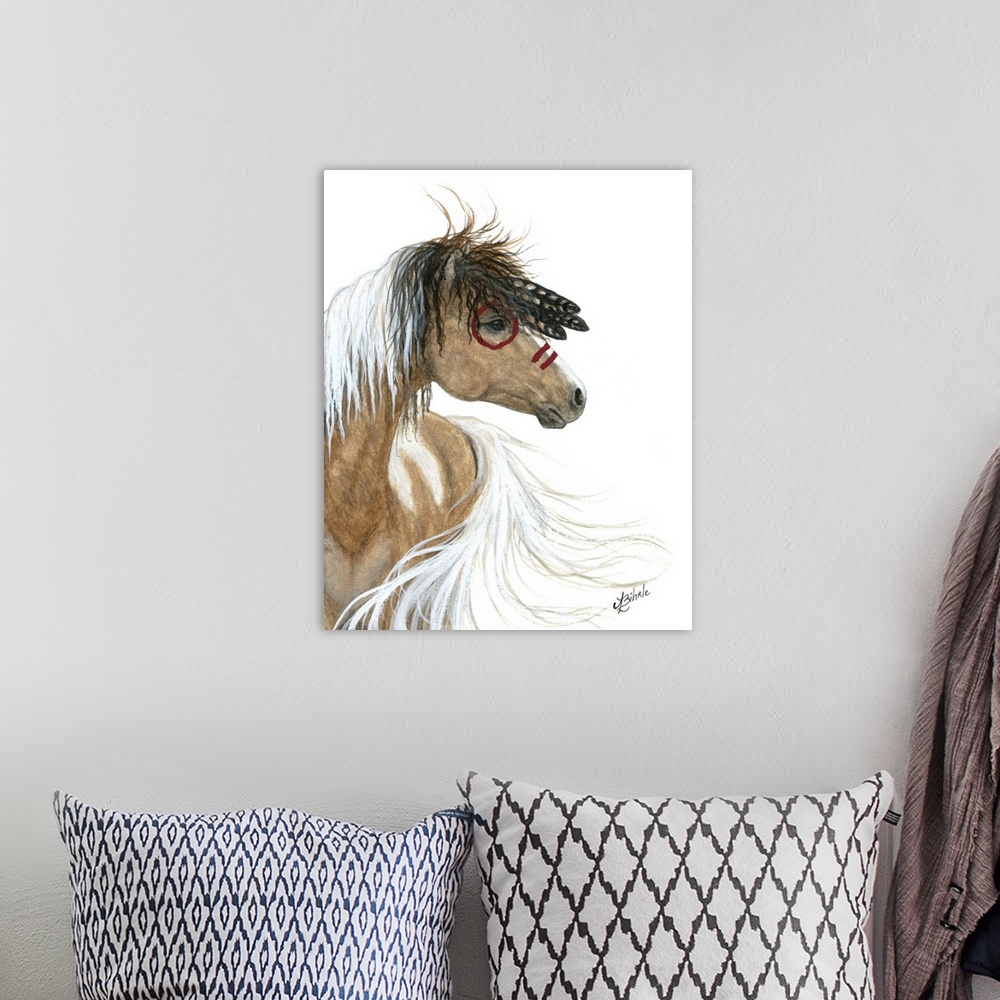 A bohemian room featuring Majestic Series of Native American inspired horse paintings of a Curly horse mare.