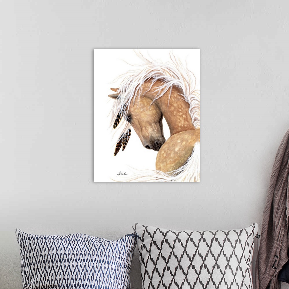 A bohemian room featuring Majestic Series of Native American inspired horse paintings of a Dappled Palomino.