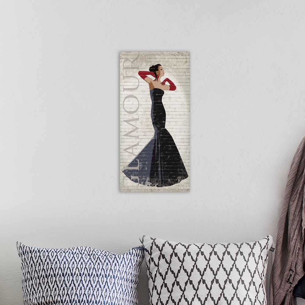 A bohemian room featuring Fashionable woman wearing a trendy black evening dress.