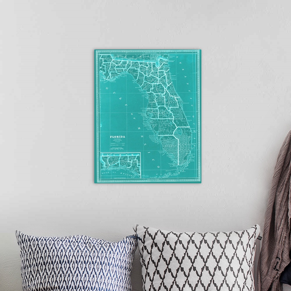 A bohemian room featuring Teal and white map of the whole state of Florida. Original map chart is c.1903.