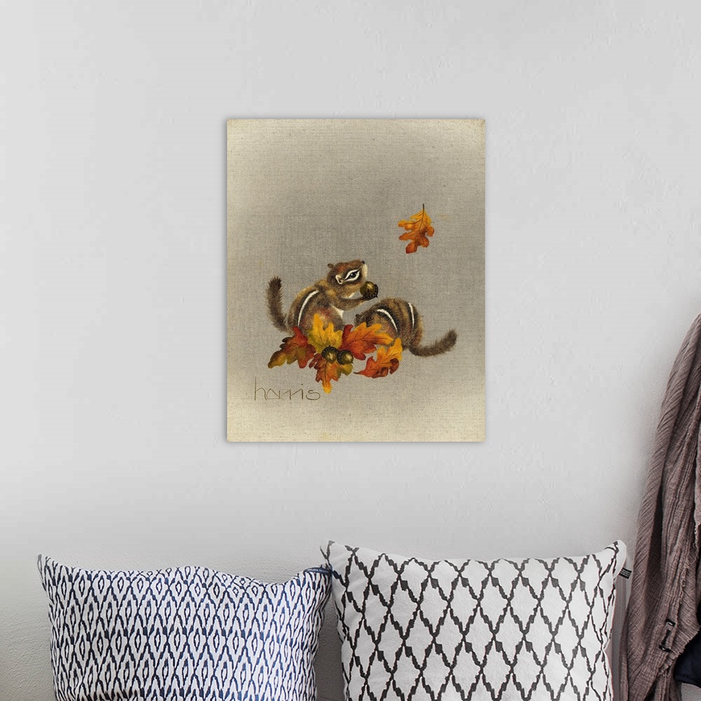 A bohemian room featuring Two chipmunks playing in leaves and acorns. One chipmunk is holding an acorn and looking at a fal...
