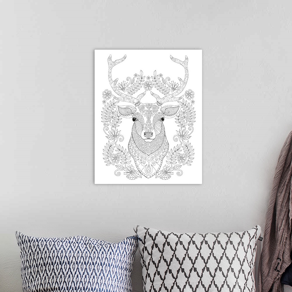 A bohemian room featuring Black and white line art of a buck surrounded by flowers and leaves.