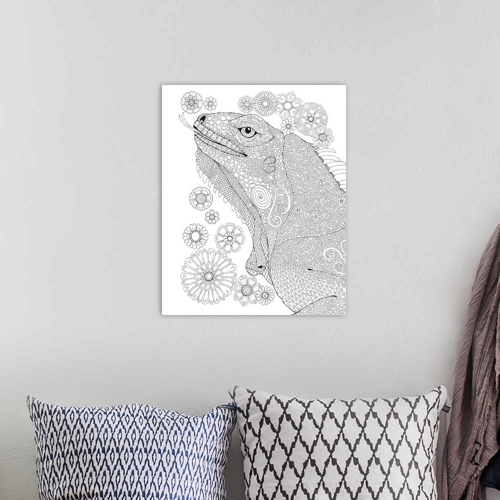 A bohemian room featuring Black and white line art of an iguana made up of tiny details and patterns surrounded by flowers.