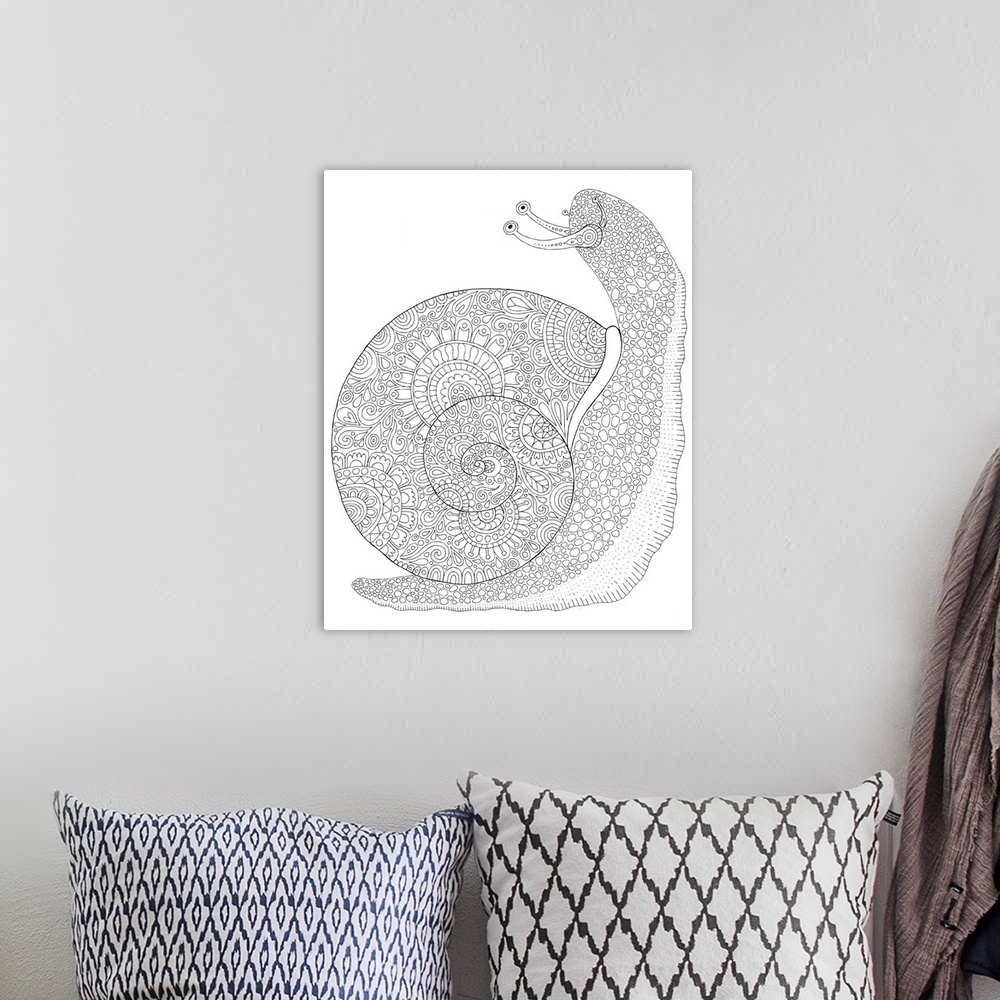 A bohemian room featuring Black and white line art of an intricately detailed snail.