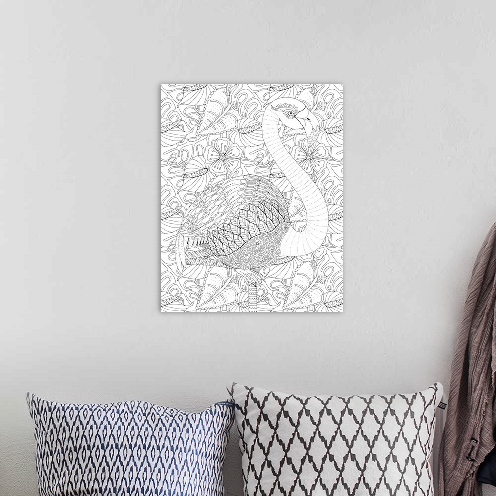 A bohemian room featuring Black and white line art of an intricately detailed flamingo with a tropical floral background.