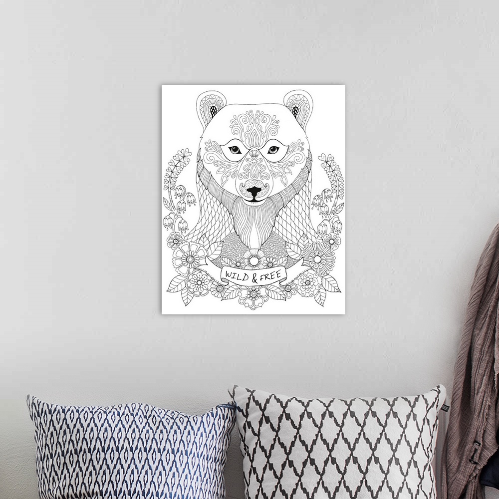 A bohemian room featuring Black and white line art of a uniquely designed bear surrounded by wildflowers and a ribbon with ...