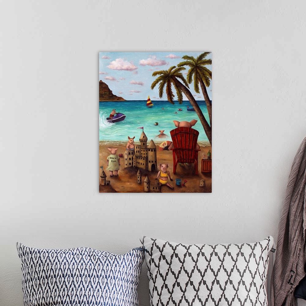 A bohemian room featuring Surrealist painting of a family of pigs on a beach enjoying the sun.