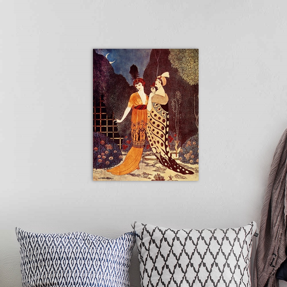 A bohemian room featuring Artwork of a vintage fashion illustration of women displaying elaborate dresses outdoors under a ...