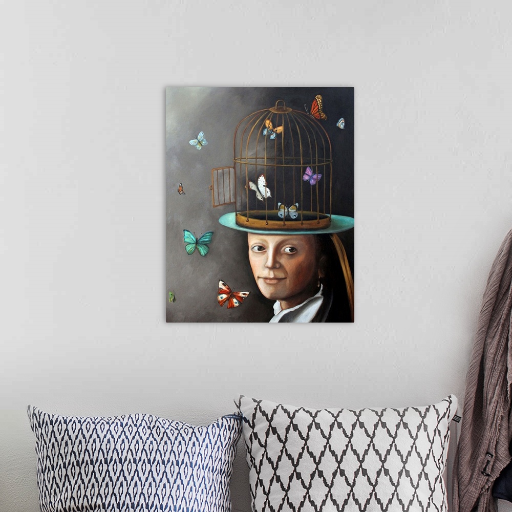 A bohemian room featuring Surrealist painting of a woman with the top half of her head as a cage with butterflies flying al...