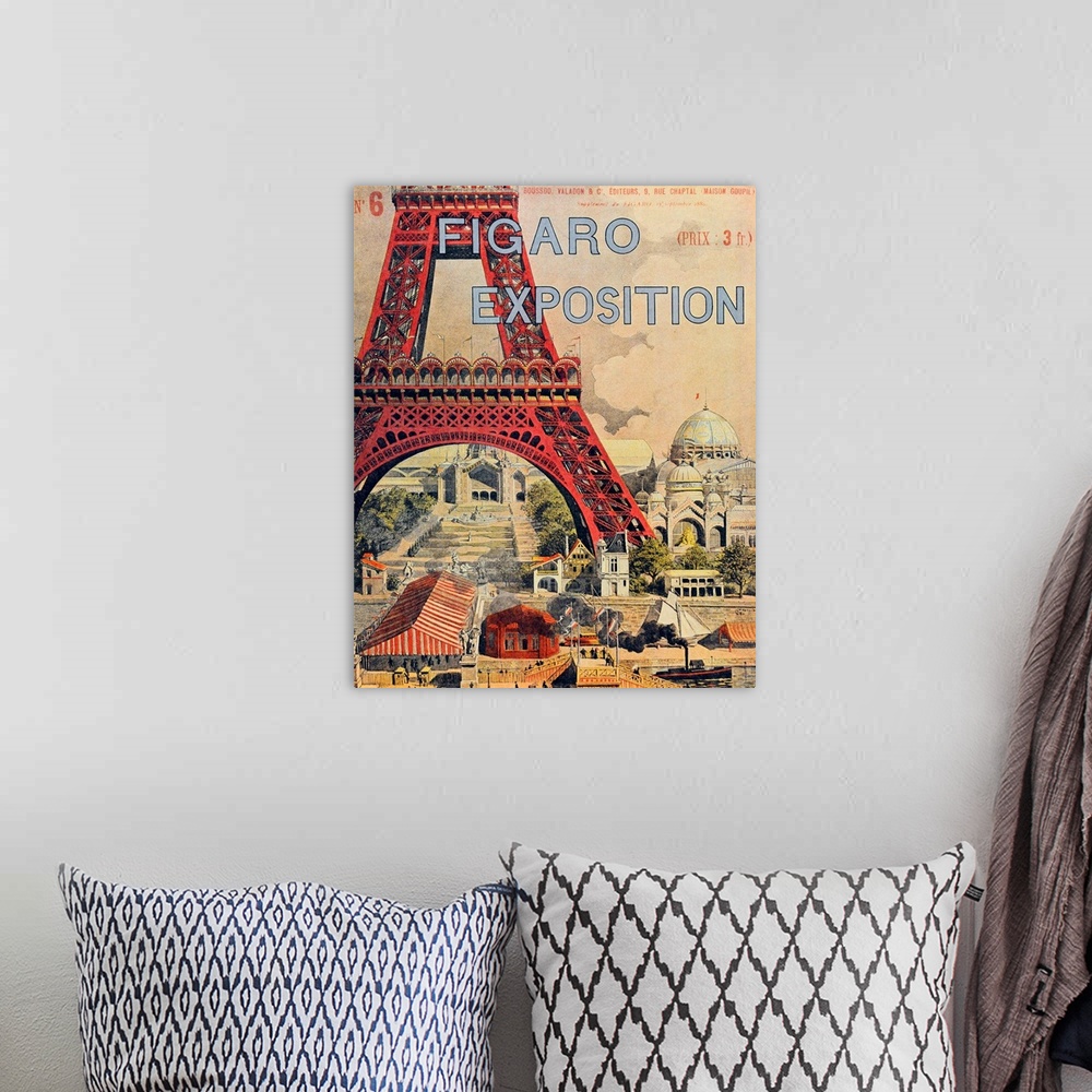 A bohemian room featuring Vintage poster advertisement for Figaro Expo.