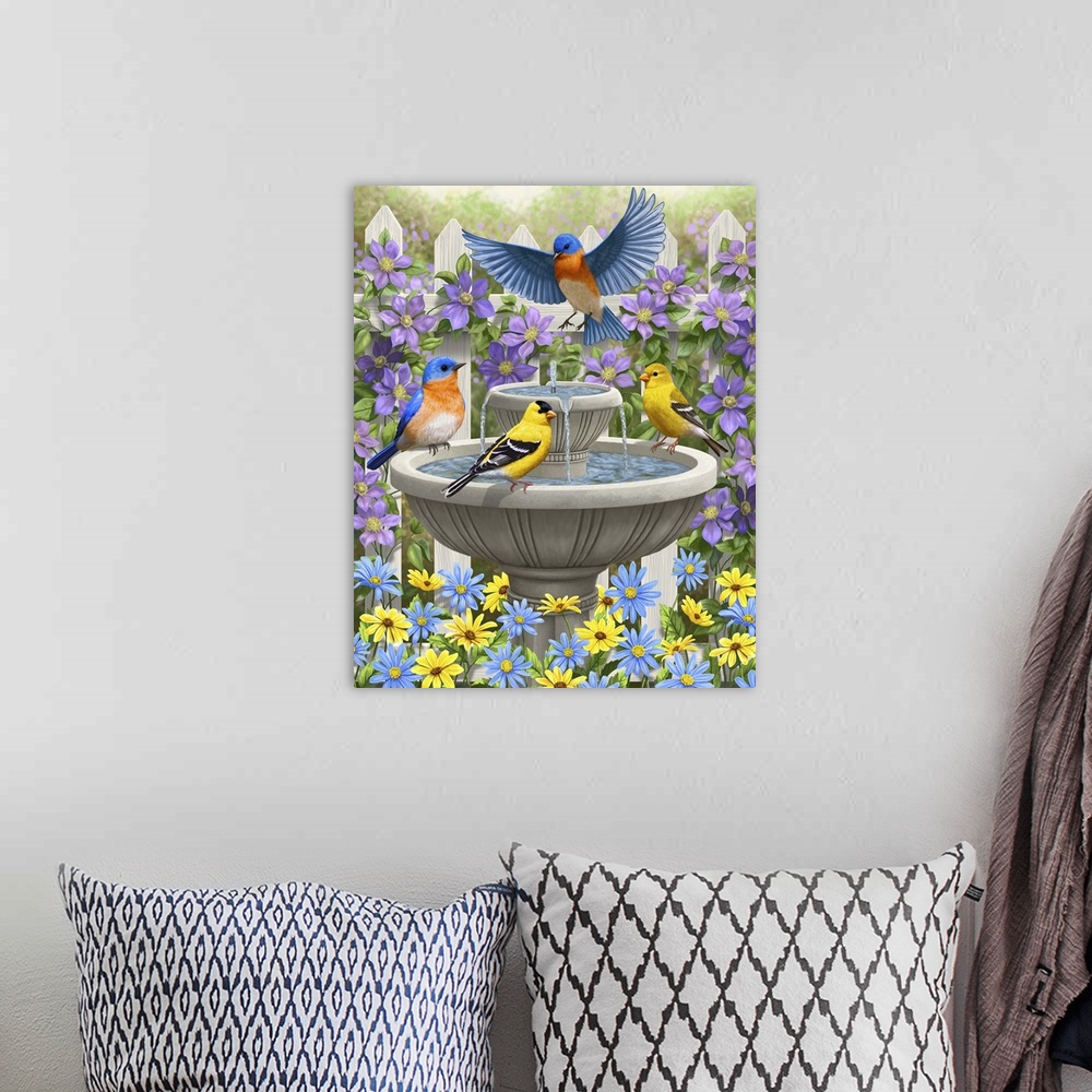 A bohemian room featuring Bluebirds and goldfinches bathing in a bird bath.