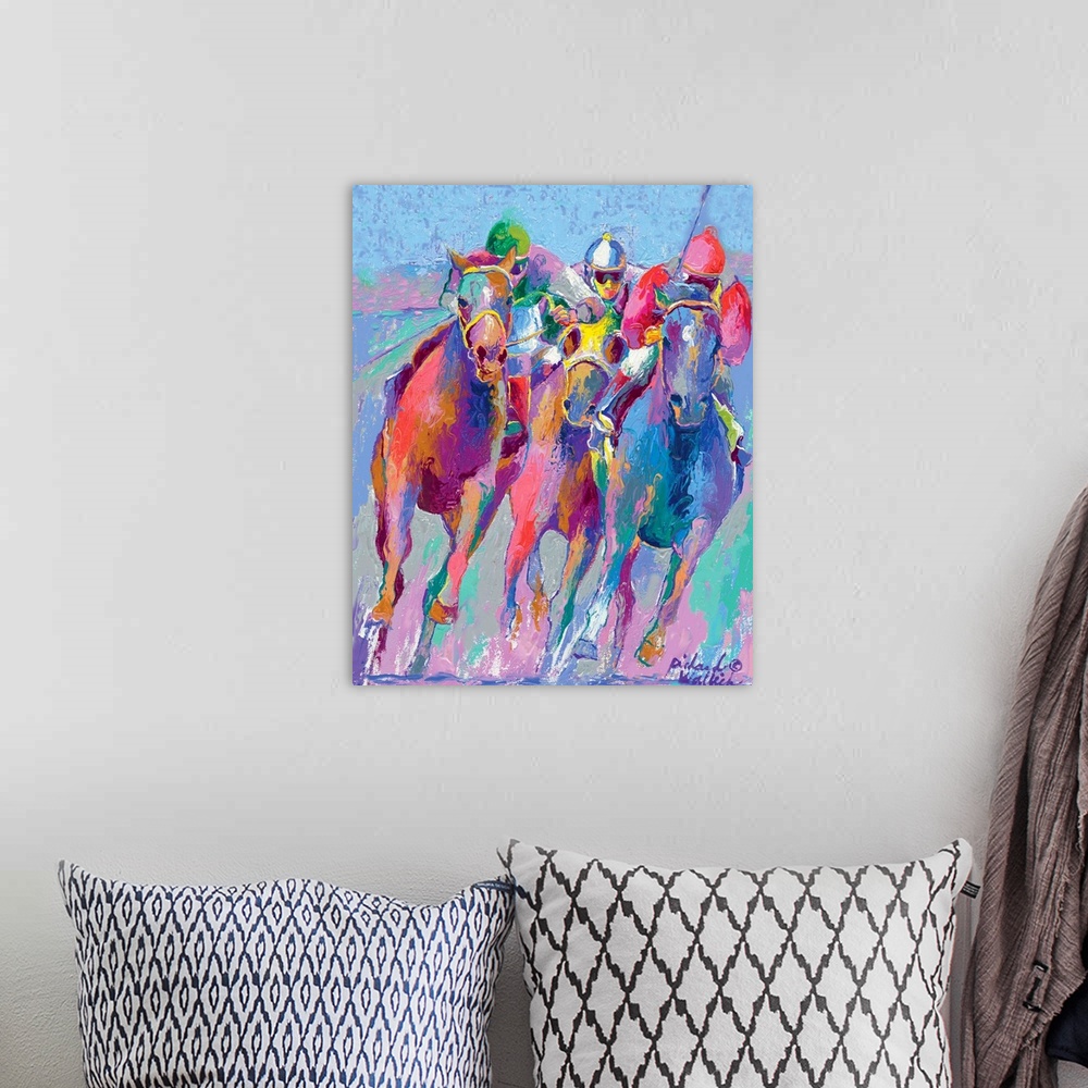 A bohemian room featuring Colorful painting of jockeys racing horses.