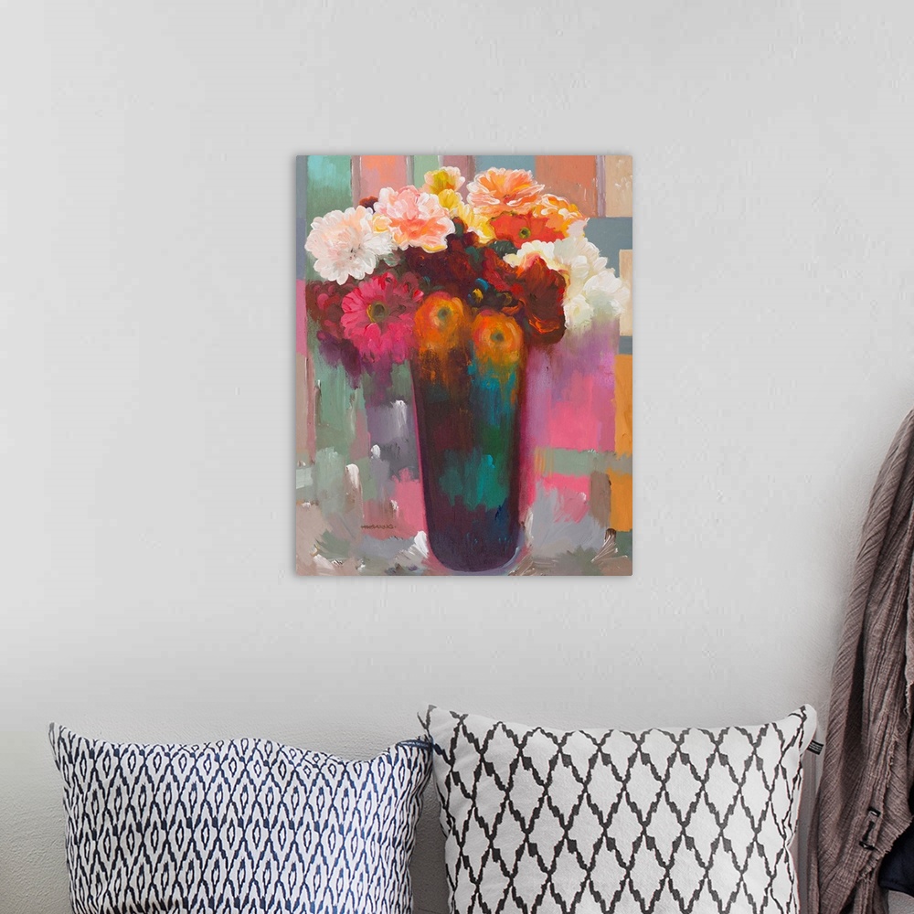 A bohemian room featuring Colorful contemporary painting of a variety of flowers in a vase with a multicolored background.