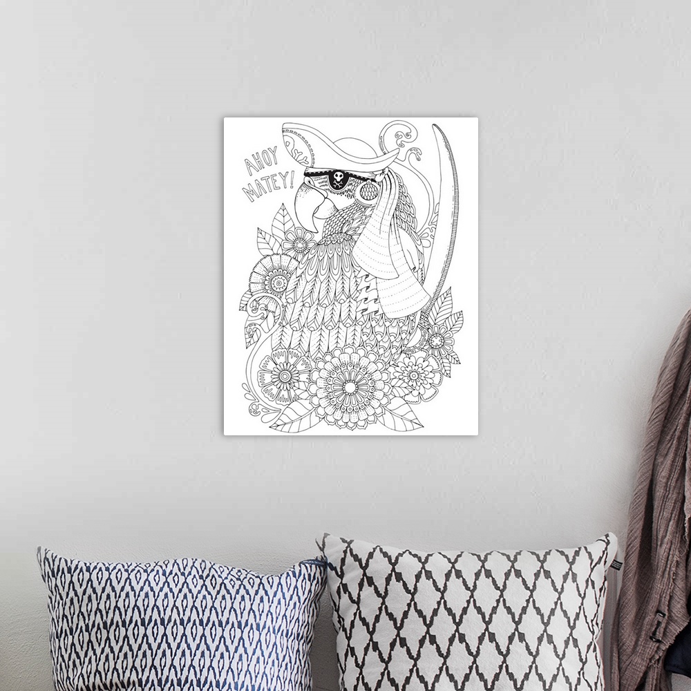 A bohemian room featuring Black and white line art of a uniquely designed parrot wearing a skull and crossbones eye patch s...