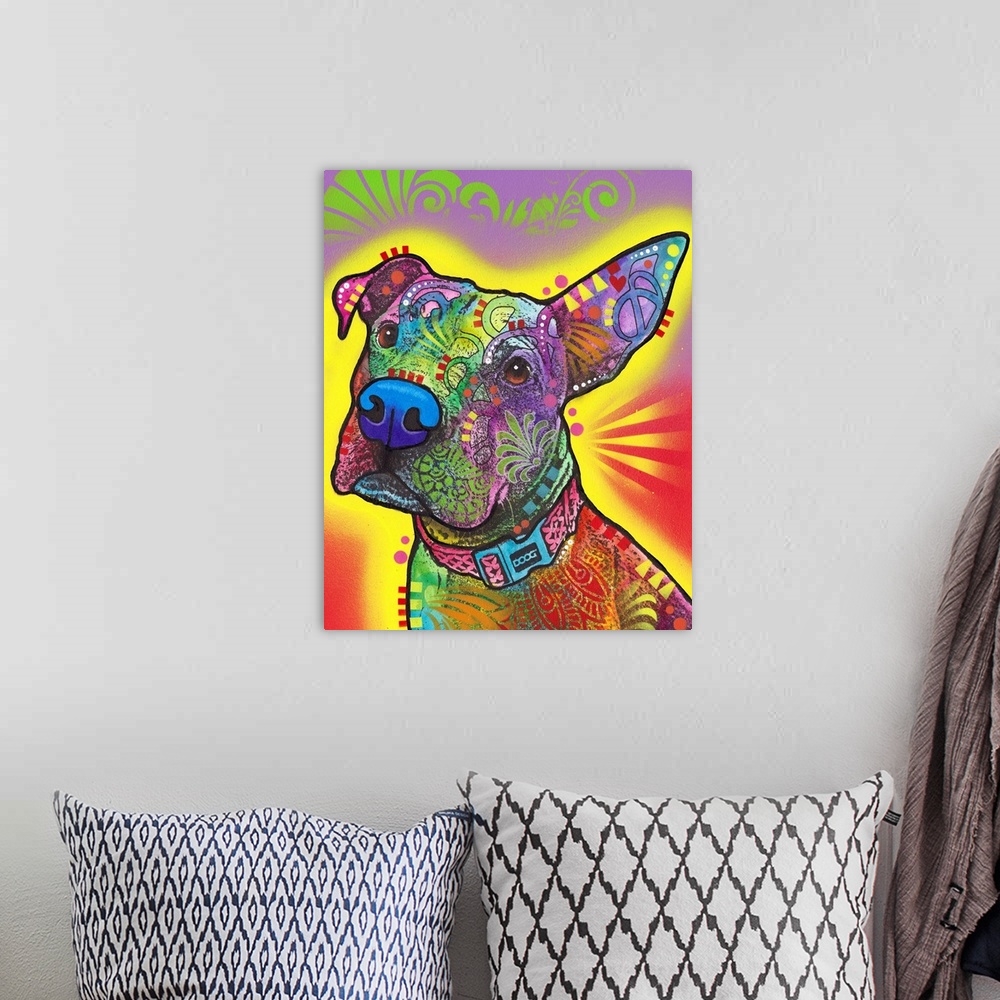 A bohemian room featuring Colorful illustration of a dog with one ear sticking straight up and intricate designs all over.
