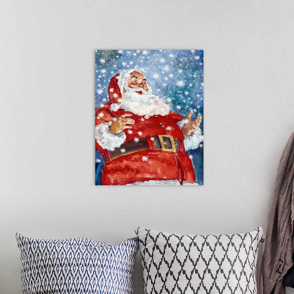 A bohemian room featuring A jolly Santa with snow flakes falling all around him.