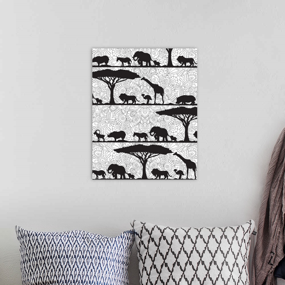 A bohemian room featuring Black and white line art with black silhouettes of jungle animals in a line with trees and an int...