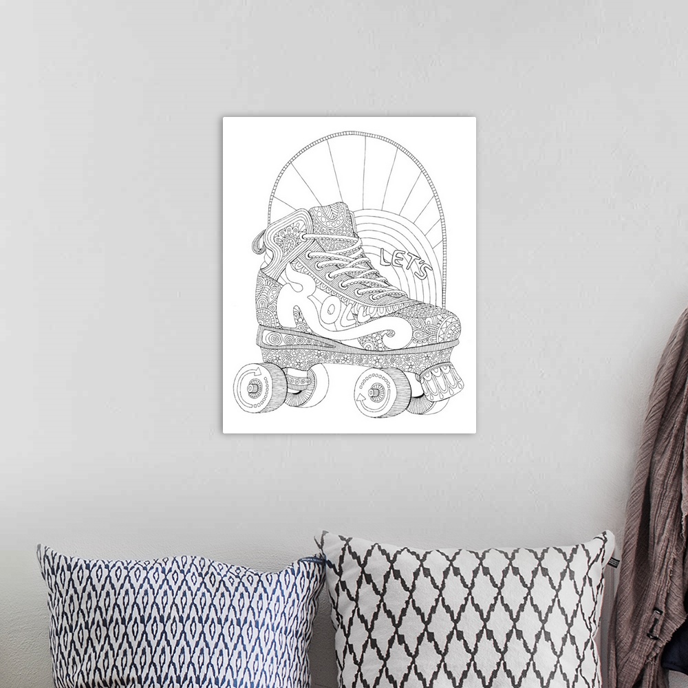 A bohemian room featuring Black and white line art of an intricately designed roller skate with the phrase "Let's Roll" wri...