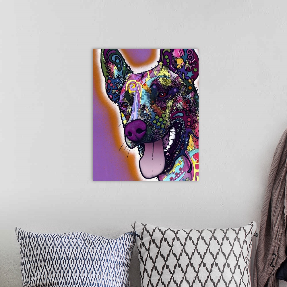 A bohemian room featuring Contemporary artwork that uses different designs and colors over the face of a dog.
