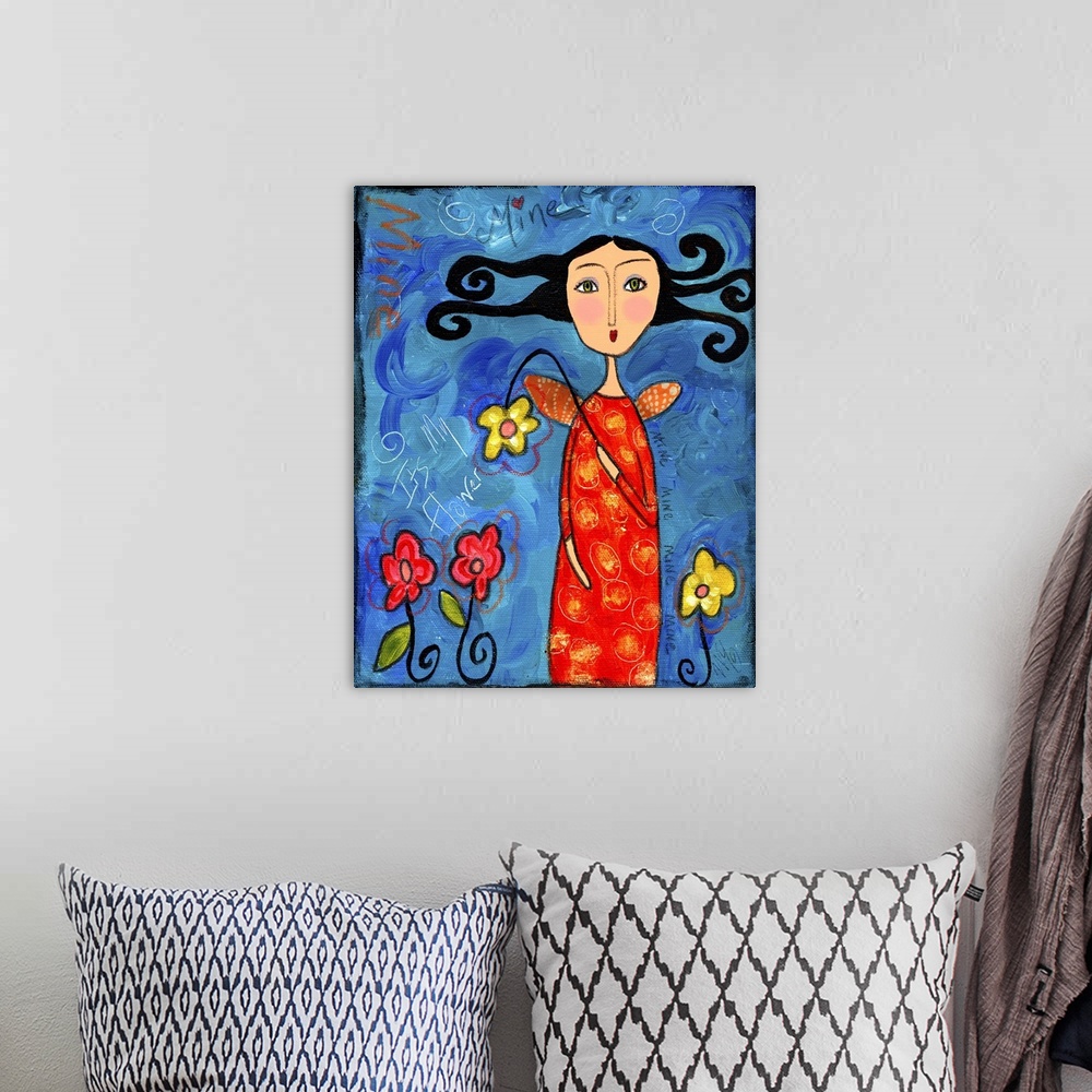 A bohemian room featuring A woman with curly black hair in a red dress holding a flower.