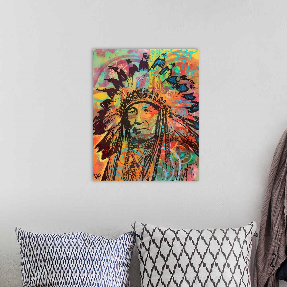 A bohemian room featuring Graffiti style illustration of a Native American with various colors.