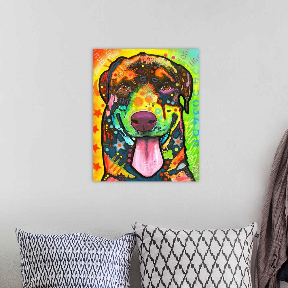 A bohemian room featuring Colorful painting of a Rottweiler with abstract marking and designs all over.