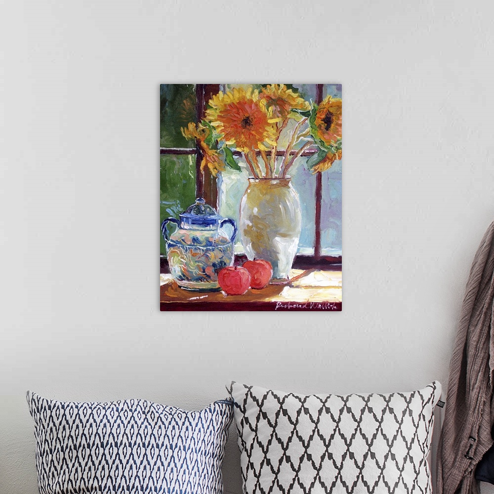 A bohemian room featuring Contemporary painting of lush sunflowers in a white vase.