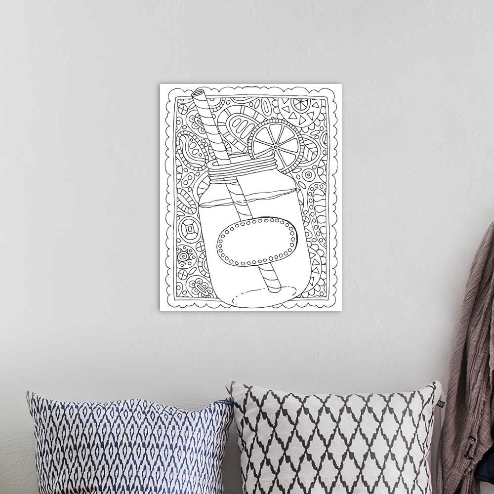 A bohemian room featuring Black and white line art of a mason jar full of sweet tea with a lemon the the rim on an intricat...