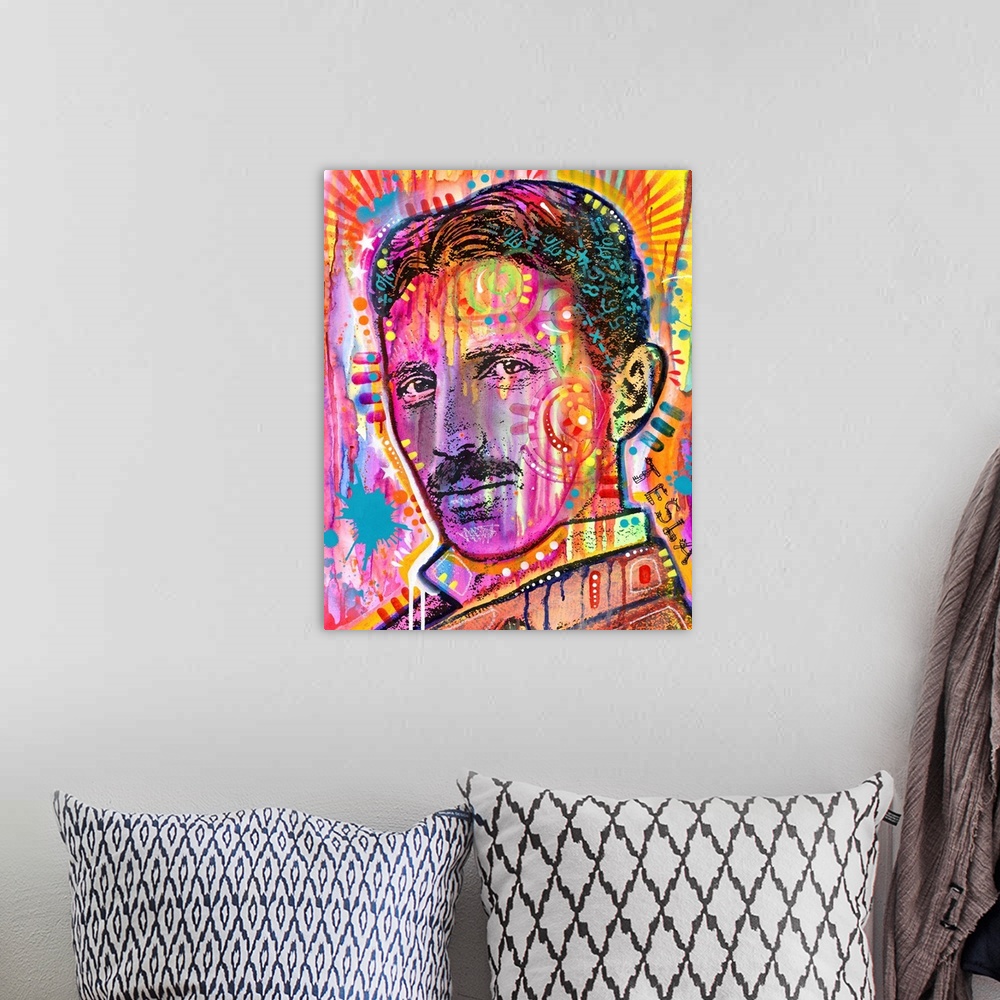 A bohemian room featuring Pop art style painting of Nikola Tesla in different colors and covered in abstract designs.