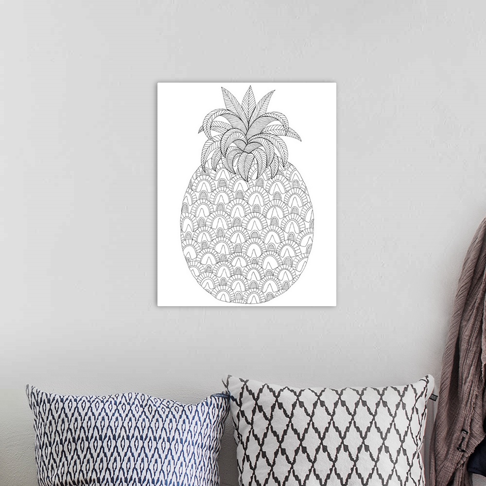 A bohemian room featuring Black and white lined design of a pineapple.