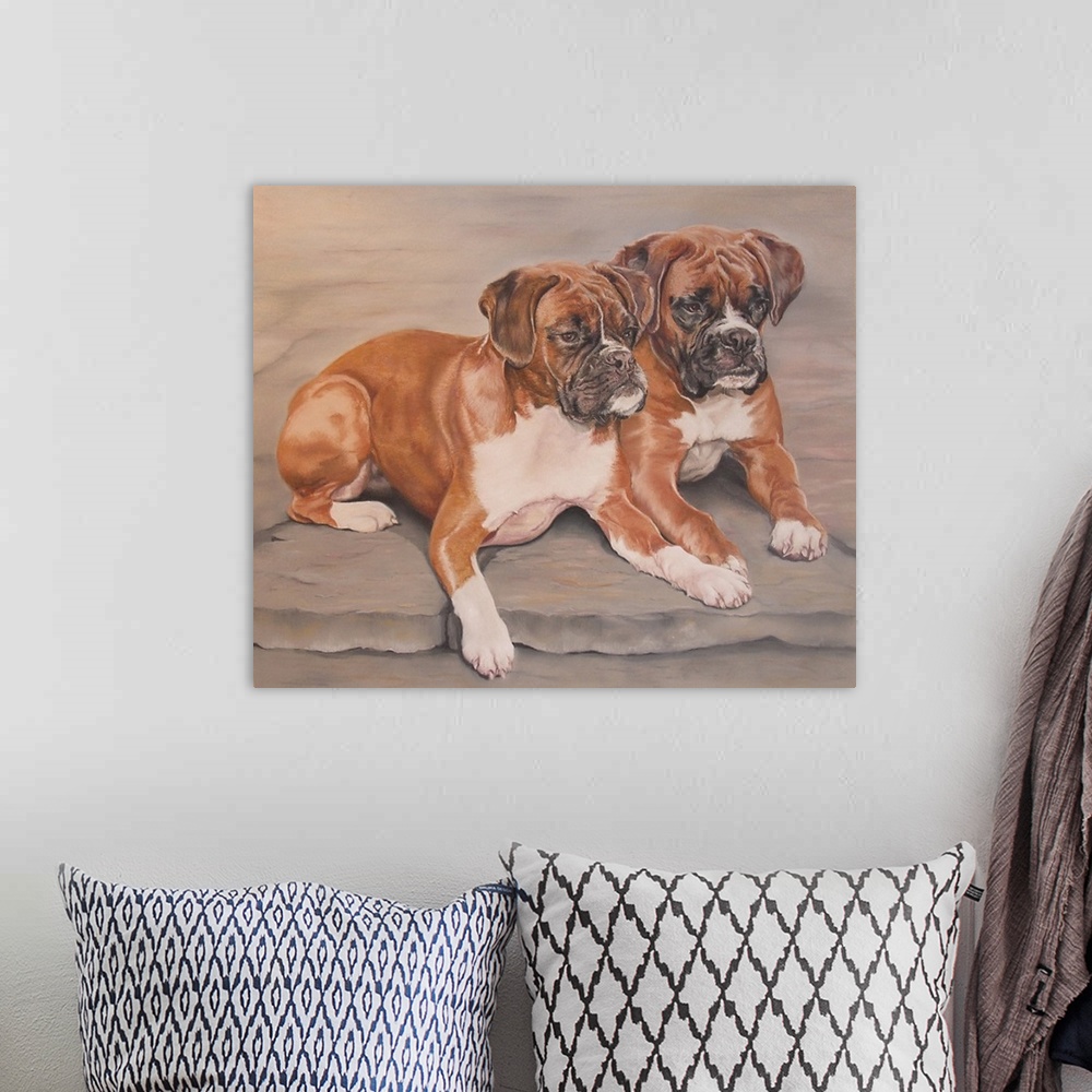 A bohemian room featuring Two Boxer Dogs