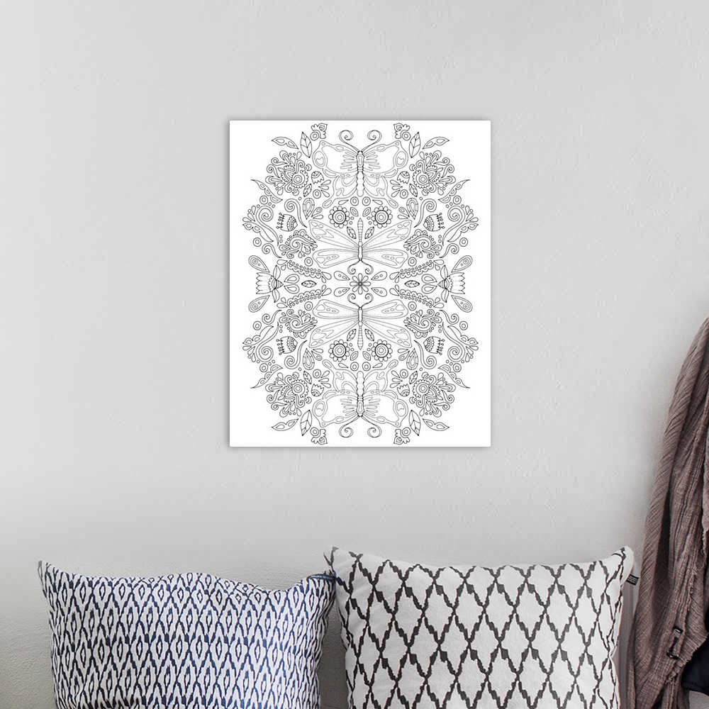 A bohemian room featuring Black and white symmetrical line design with a butterfly and floral pattern.