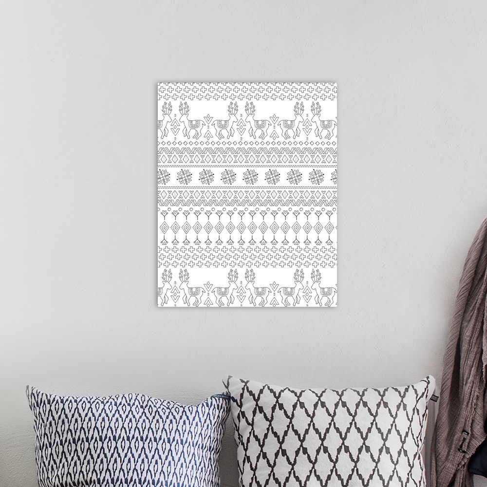 A bohemian room featuring Black and white Winter themed line art pattern with snowflakes and reindeer.