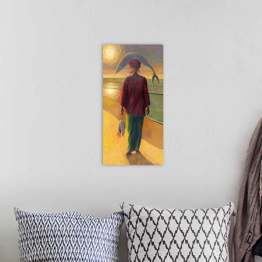 A bohemian room featuring Oil painting of woman standing on beach balancing a fish on her head with a string of dead fish i...