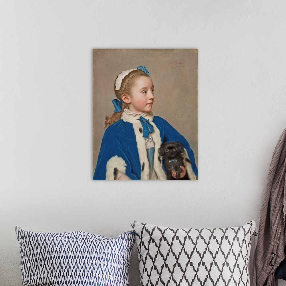 A bohemian room featuring Portrait of Maria Frederike van Reede-Athlone at Seven Years of Age, 1755, pastel on vellum.  By ...