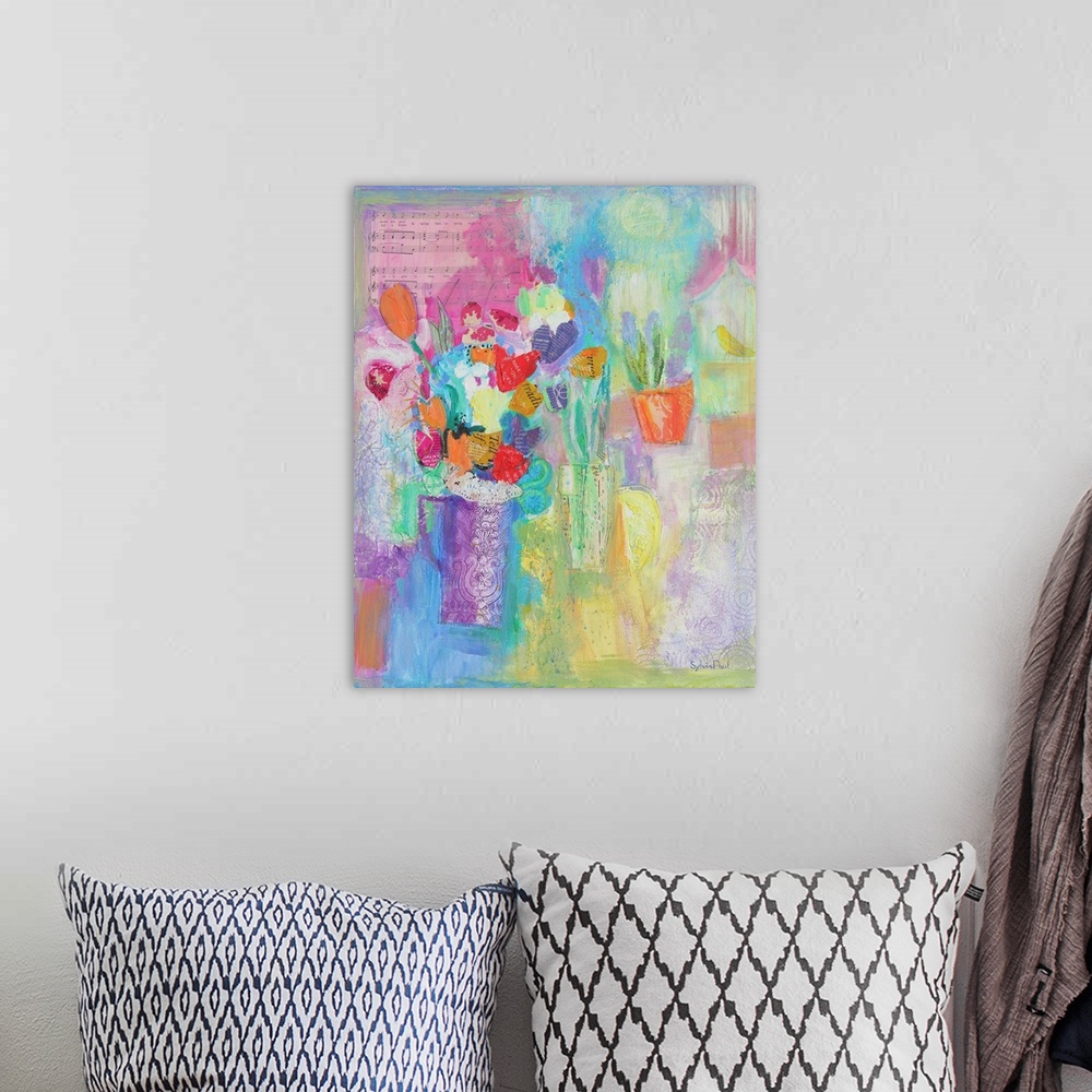 A bohemian room featuring Contemporary still-life painting using wild vivid colors.