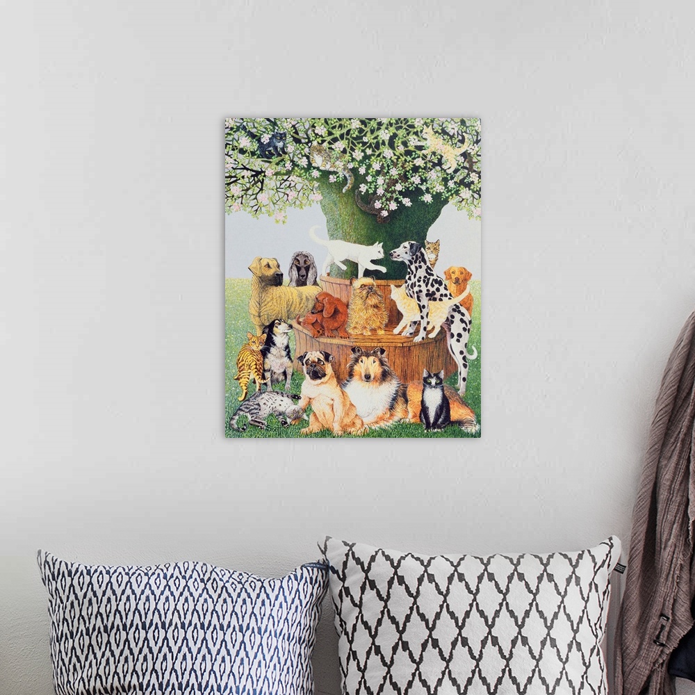 A bohemian room featuring Contemporary painting of a variety of different dogs and cats around a tree.