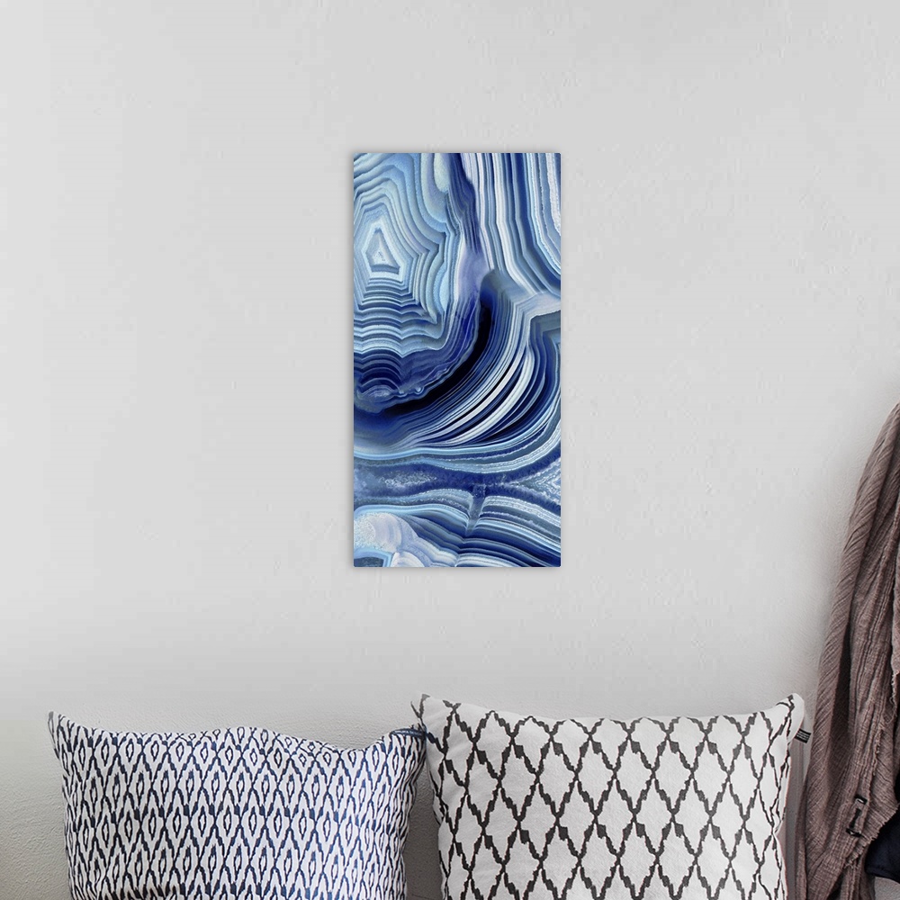 A bohemian room featuring Tall panel abstract art with an agate pattern in shades of blue and gray.