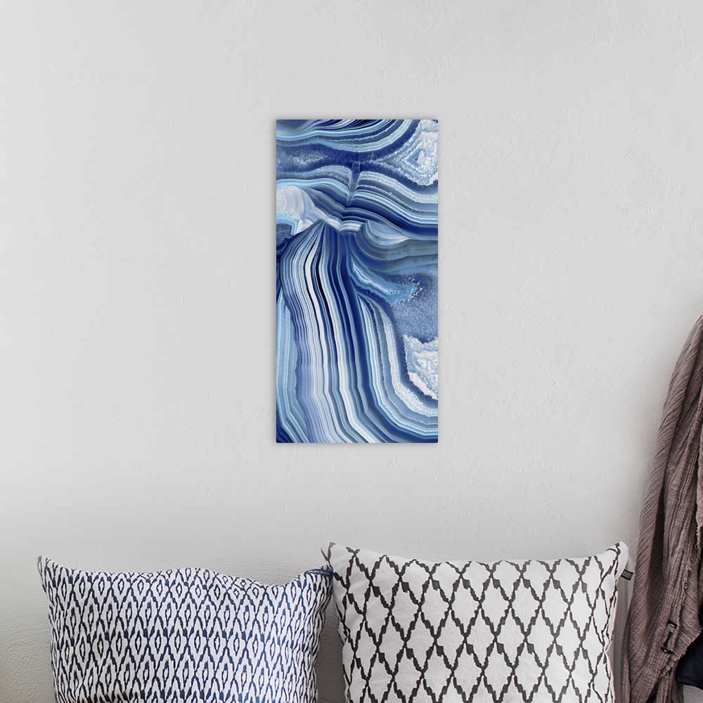 A bohemian room featuring Tall panel abstract art with an agate pattern in shades of blue and gray.