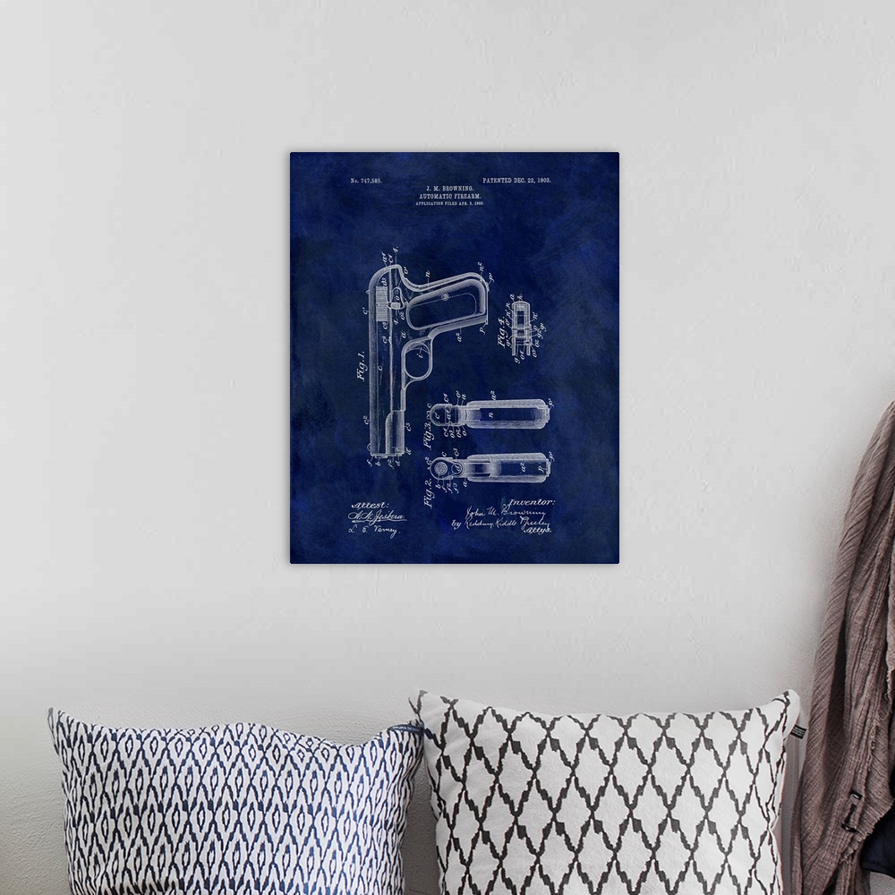 A bohemian room featuring Antique style blueprint diagram of an Automatic Firearm printed on a blue background.