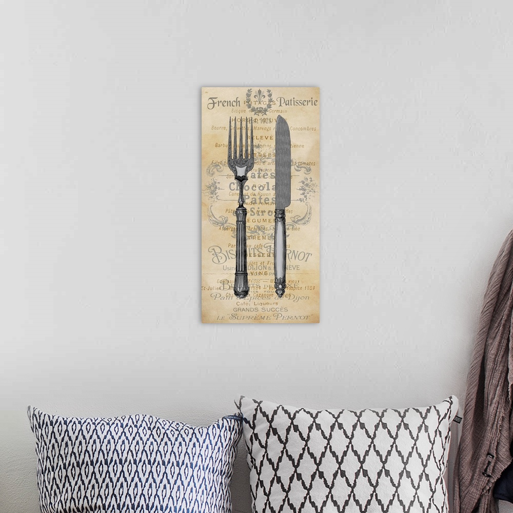 A bohemian room featuring Kitchen decor with an illustration of a  fork and knife in the foreground and text in the backgro...