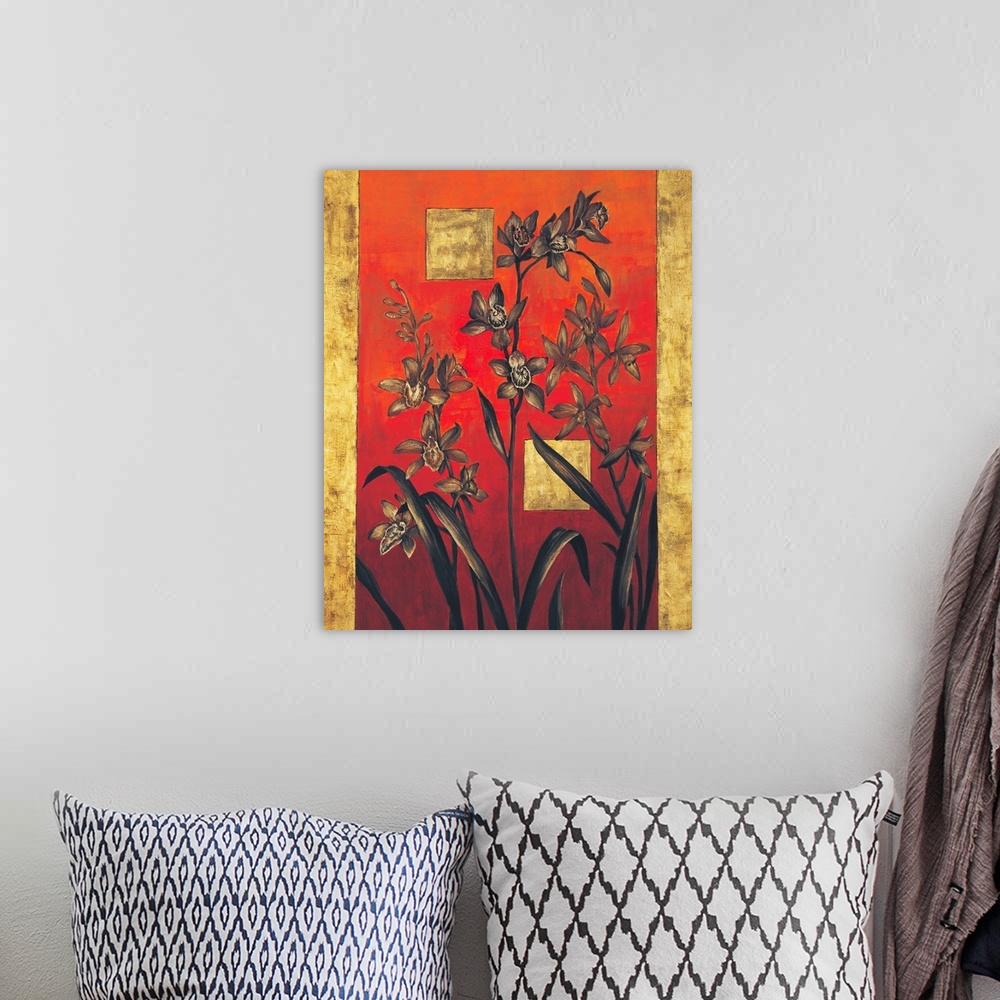 A bohemian room featuring Contemporary painting of lilies on a bold red background with two golden squares and a vertical g...
