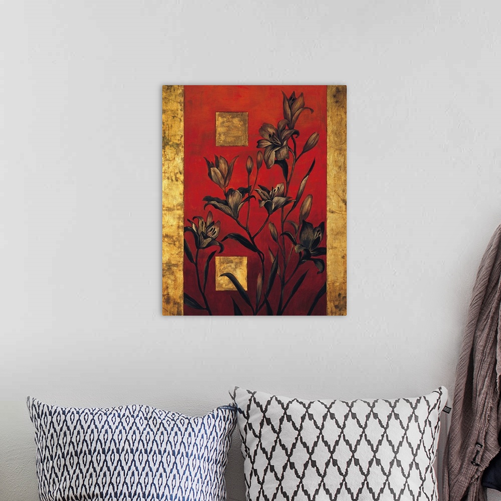 A bohemian room featuring Contemporary painting of lilies on a bold red background with two golden squares and a vertical g...