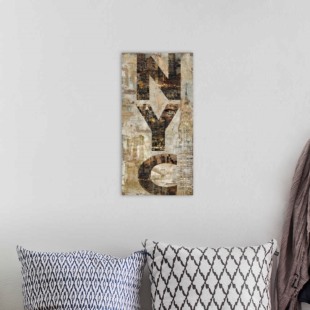 A bohemian room featuring Rustic sign with NYC written vertically with the skyline inside the letters and the Chrysler Buil...