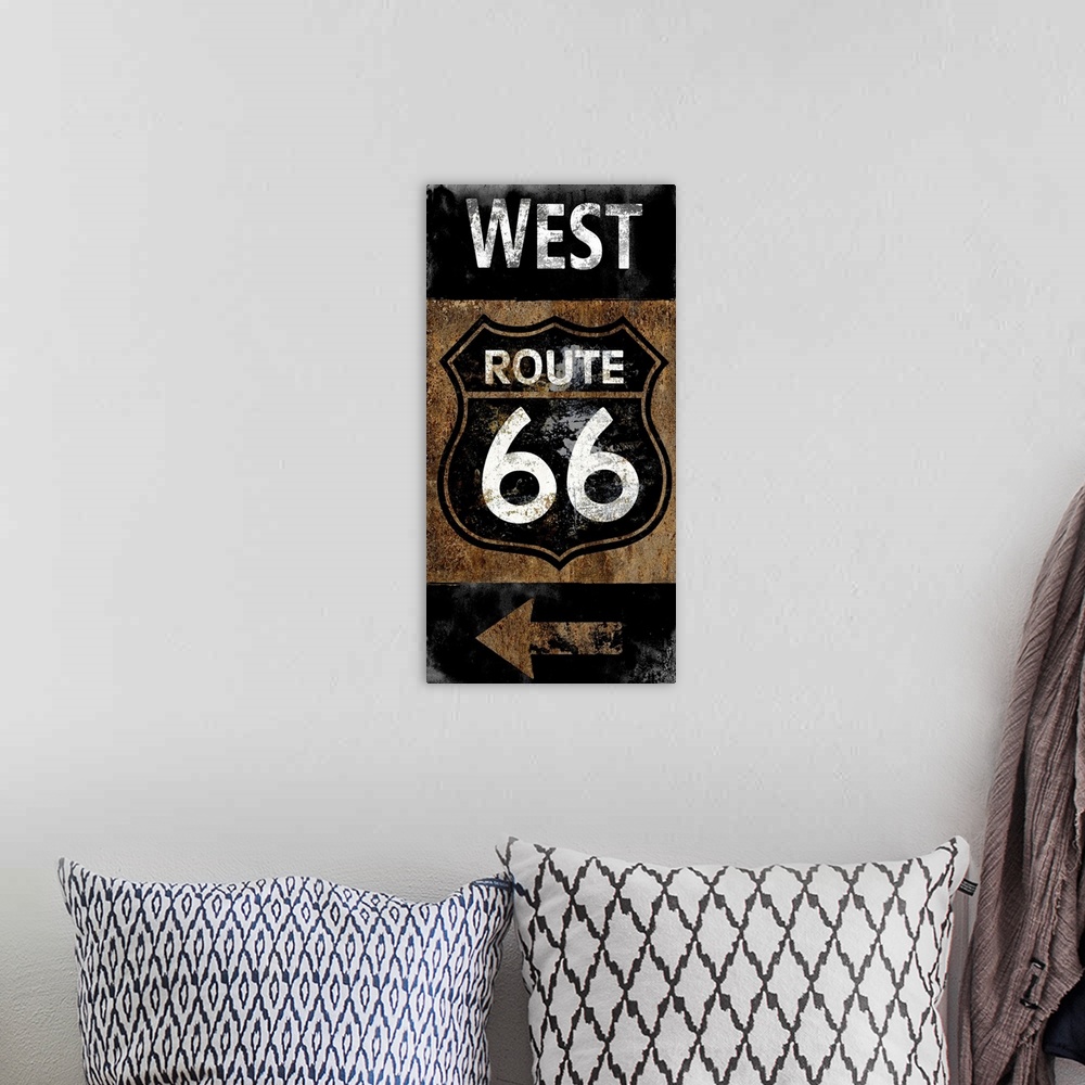 A bohemian room featuring West Route 66 vintage sign in black, white, and copper.