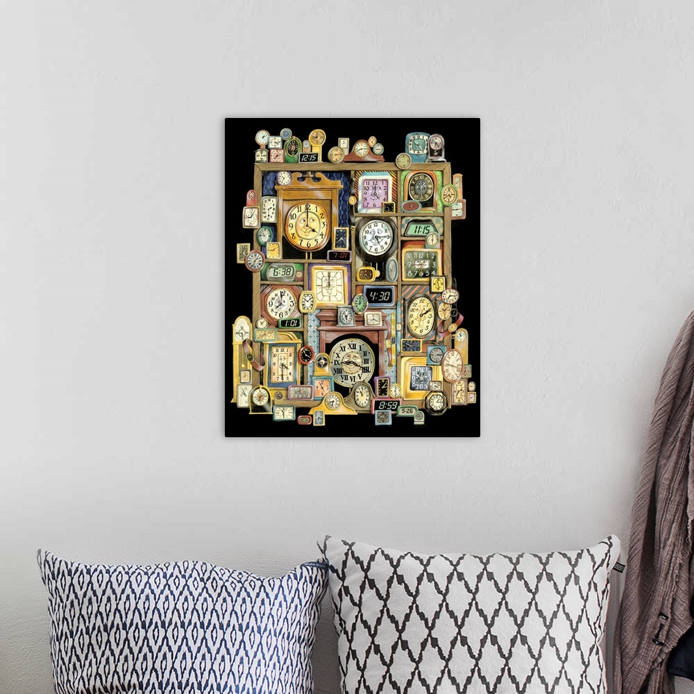 A bohemian room featuring Illustrated shadowbox of different types of  clocks on a black background.